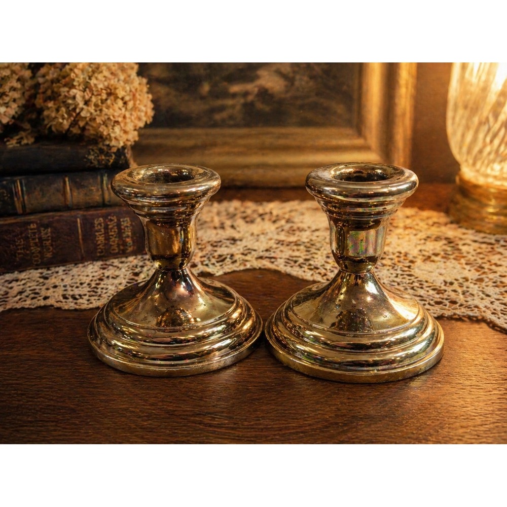 Vintage FB Rogers Silverplate Gold Tone Candlestick Holders Set of 2 Japan 2.5"